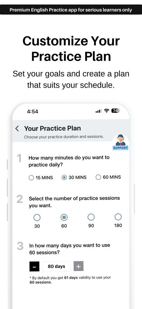 EngVarta: English Speaking App - 毎日の英語練習時間とセッション数をカスタマイズするオプションを示すEngVartaアプリ画面