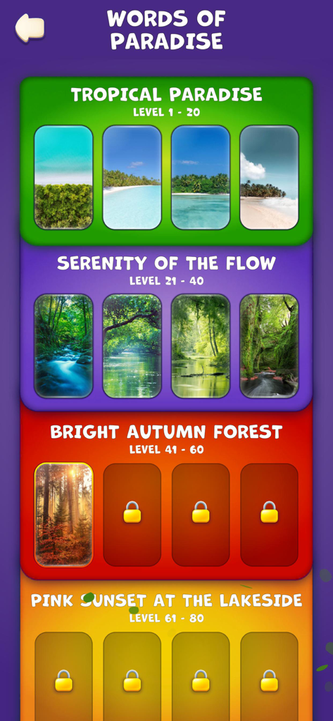 Words of Paradise - Word puzzle level selection screen showing nature themed packs like Tropical Paradise and Serenity of the Flow