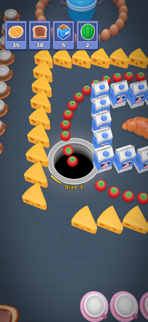 Hole It 3D - Gameplay screenshot of Hole It 3D showing a black hole swallowing red tomatoes on a table with cheese and milk cartons