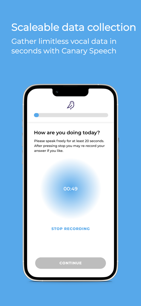 Canary Speech app recording interface for vocal data collection showing a voice recording timer and prompt