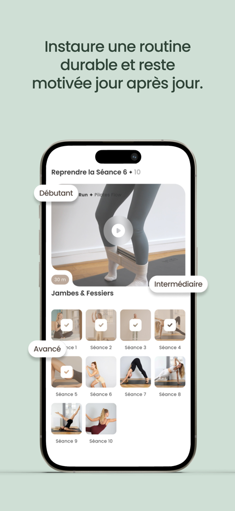 BBA Studio - Interface de l'application BBA Studio montrant des séances quotidiennes de Pilates pour débutants, intermédiaires et avancés.
