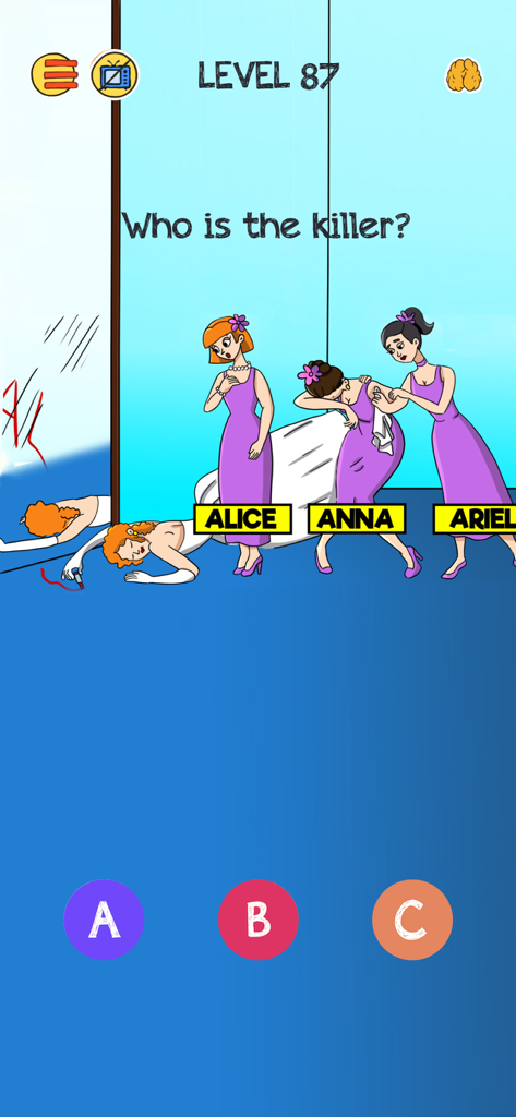 Brain Who? Tricky Riddle Tests - Um quebra-cabeça de lógica de detetive de Brain Who perguntando para identificar o assassino entre três suspeitos