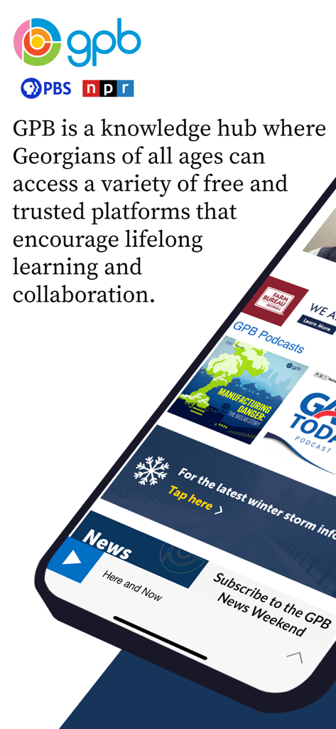 GPB - GPB mobile app screen showing local news podcasts and weather updates