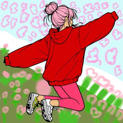 realistic girl jumping with a bun and oversized sweatshirt