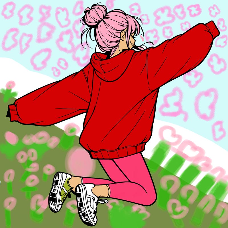 realistic girl jumping with a bun and oversized sweatshirt