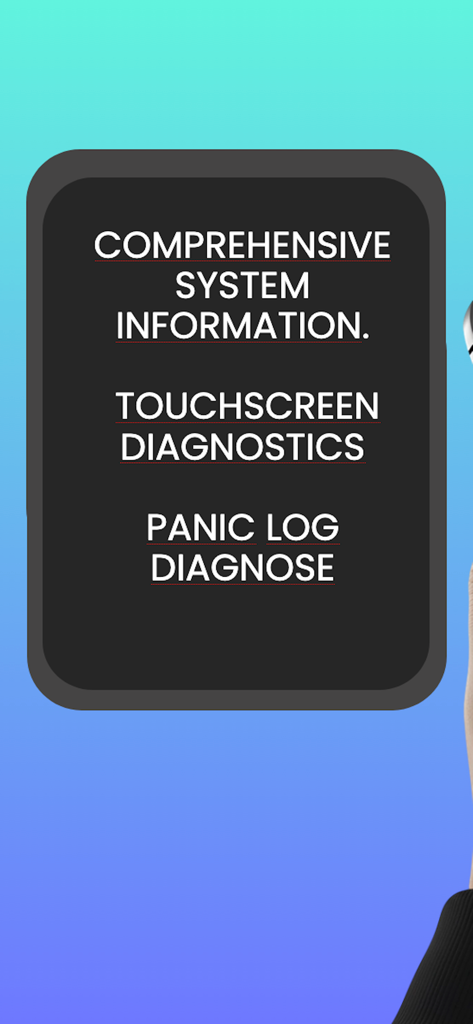 Touchscreen Test DiagX - Lista de características de la aplicación que incluyen información completa del sistema, diagnósticos de pantalla táctil y diagnóstico de registro de pánico.