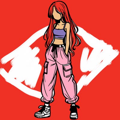 girl in baggy pants crop top and long hair