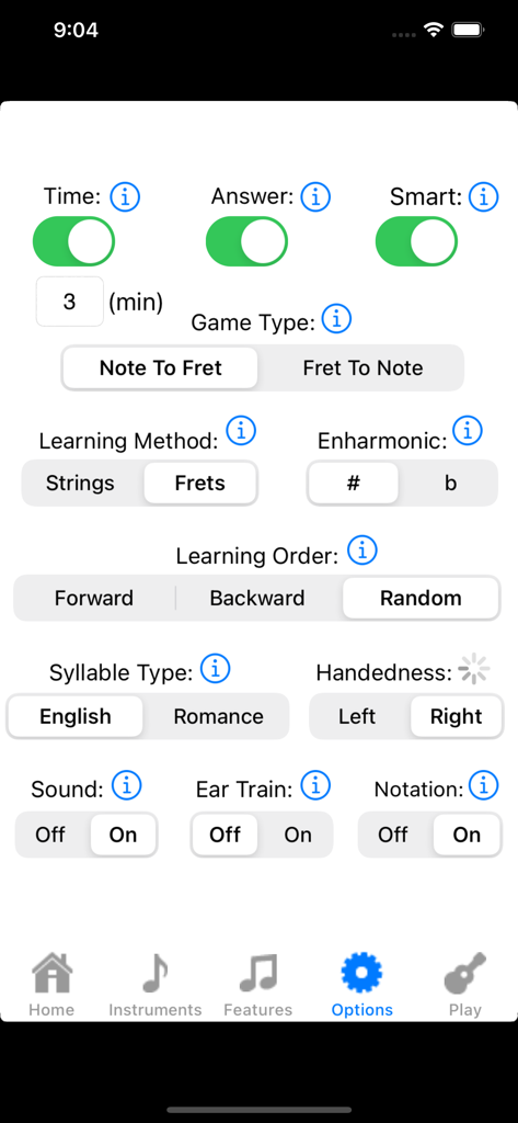 Super Guitar Fretboard Addict - Tela de configurações e configuração personalizáveis para exercícios de aprendizado do braço da guitarra