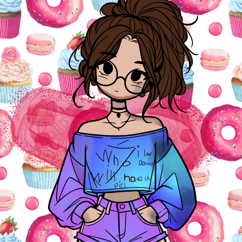 girl with a messy ponytail glasses a baggy crop top and jean shorts