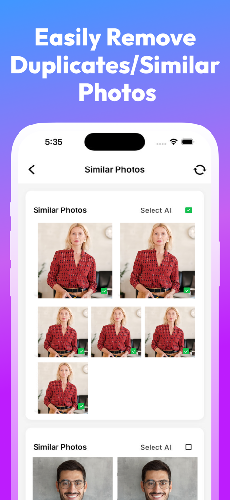 Swipe Cleaner: Clean Up Photos - Interface of Swipe Cleaner showing the duplicate and similar photo removal feature with a grid of selectable images