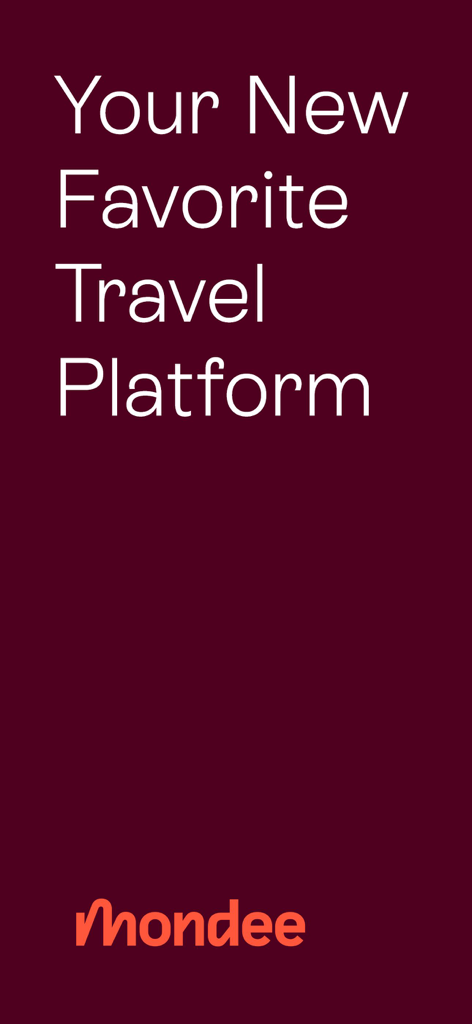 Mondee travel app introductory screen with text Your New Favorite Travel Platform