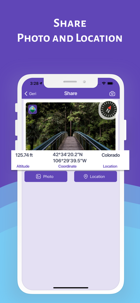 Altimeter Pro: Compass, GPS - A forest bridge photo within the Altimeter Pro app displaying altitude, GPS coordinates, and compass data for social sharing.