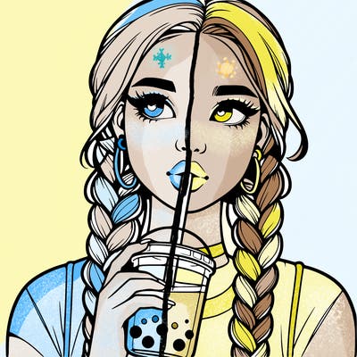 realistic girl with braided hair drinking boba