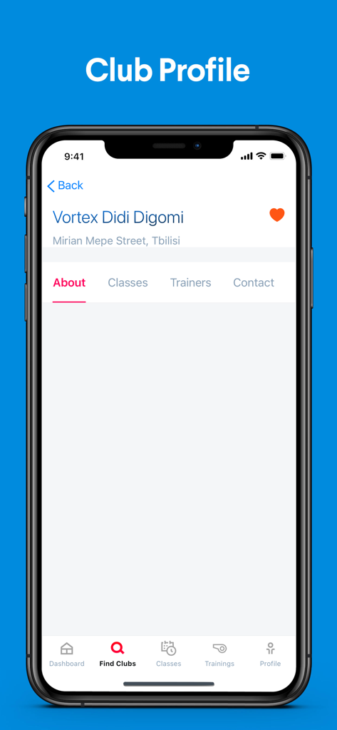 Vortex Fitness - Tela do aplicativo móvel Vortex Fitness mostrando os detalhes do perfil do clube para uma localização de academia.