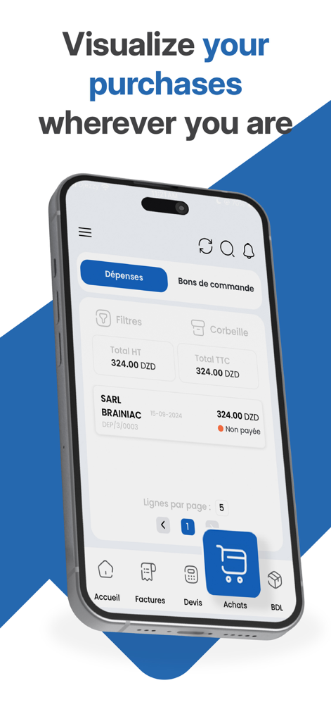 Interface de l'application Fatoura Mobile montrant la gestion des achats et des dépenses sur un iPhone