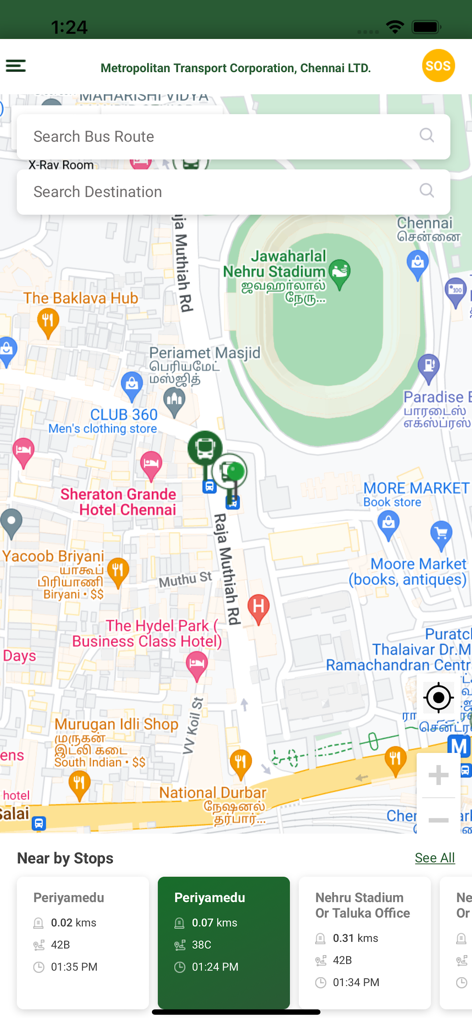 Chennai Bus app interface with real time tracking map and nearby stop timings