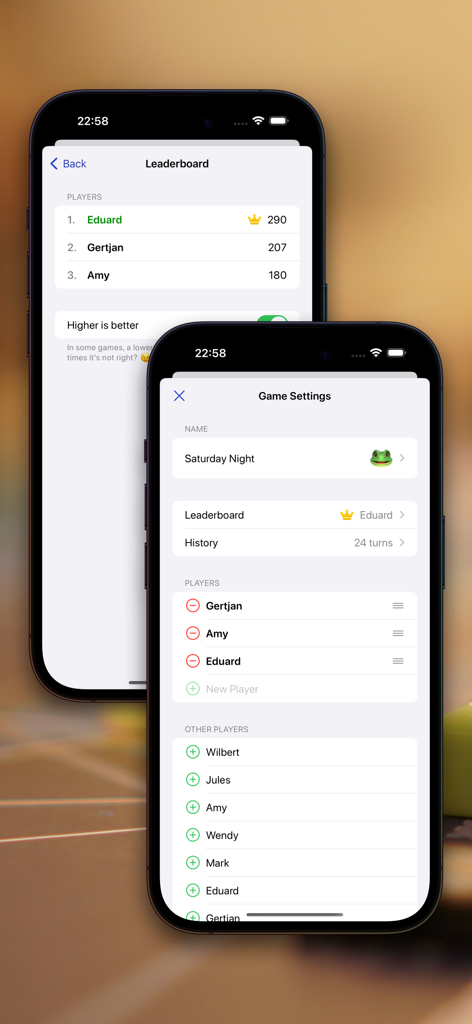 Game Score Tracker & Counter - iPhone screens showing a game leaderboard and game settings with player management for a score tracking app