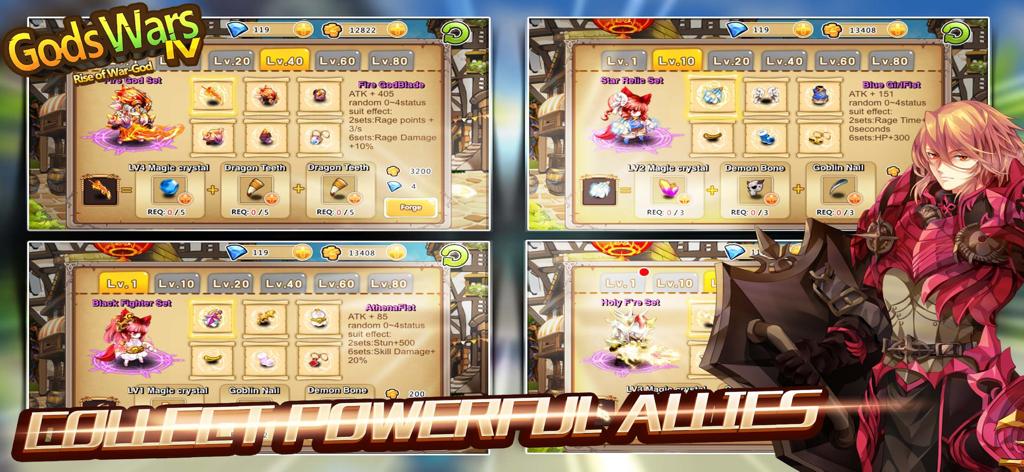 Gods Wars IV : Rise of War-God - Menu de jeu Gods Wars IV montrant les ensembles d'équipement du personnage et la collecte d'alliés puissants