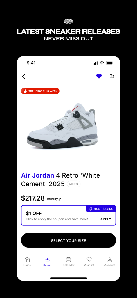 The KICKS CREW app product page for Air Jordan 4 Retro White Cement sneakers