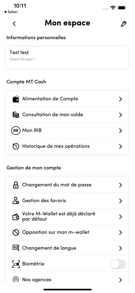 MT Cash - Pantalla de gestión de perfil y billetera de la aplicación móvil MT Cash con opciones de menú en francés