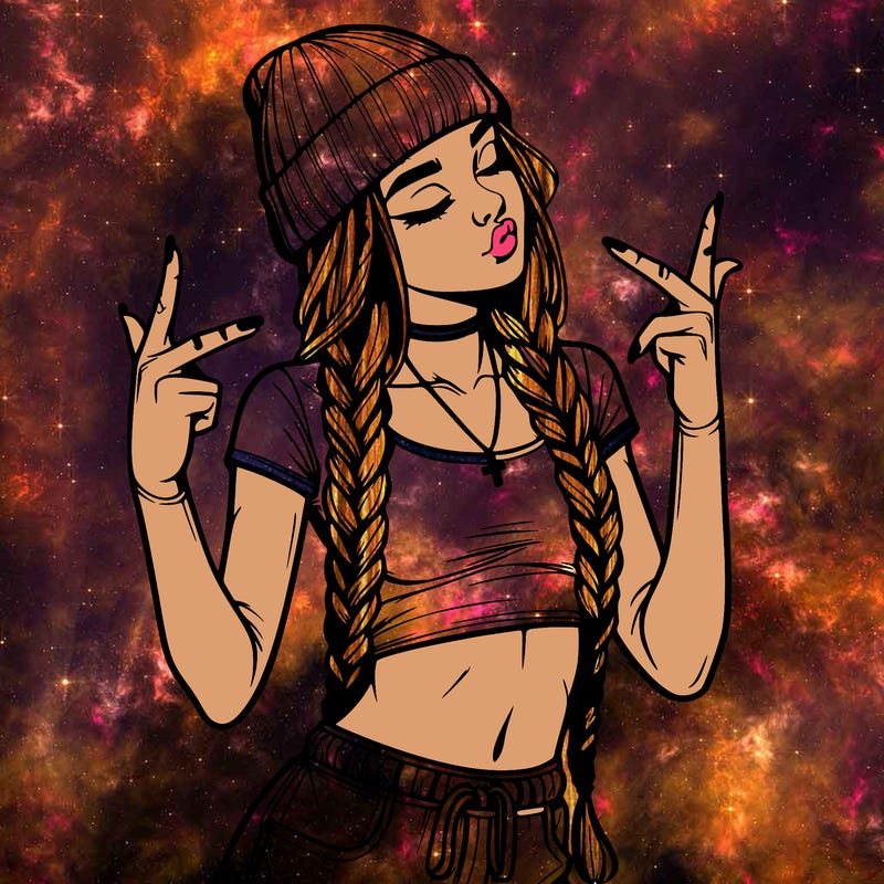 realistic teenage girl with braids and a beanie and crop top doing 🫶🏼