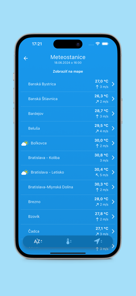 List of weather stations with current temperatures and wind speeds in the Aladin app.