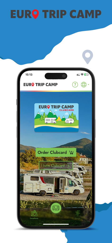 Euro Trip Camp - キャンピングカーのある景色の良いキャンプ場とデジタルクラブカードを表示するユーロトリップキャンプアプリのホーム画面