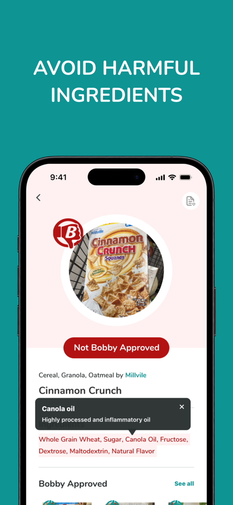 Bobby Approved - Food Scanner - Bobby Approvedアプリのインターフェース。キャノーラ油などの有害成分についてフラグが立てられたシリアル製品が表示されています。