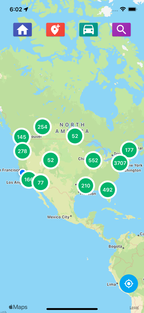 Map view showing speed camera and radar report clusters across North America