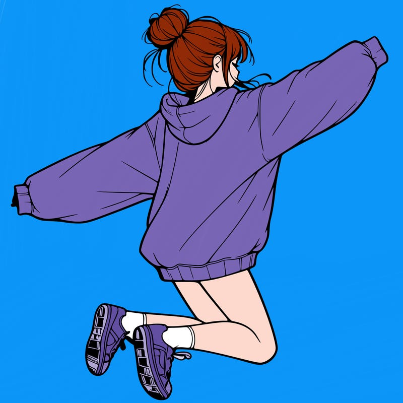 realistic girl jumping with a bun and oversized sweatshirt