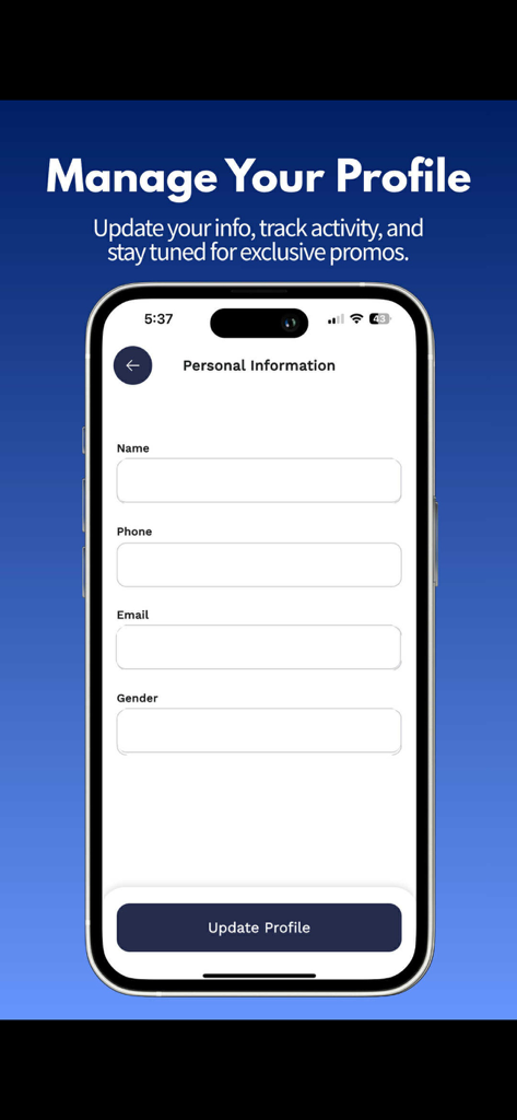 PlaySpot Booking Services - PlaySpotアプリのユーザープロファイル管理画面。個人情報フィールドと更新ボタンが表示されています。