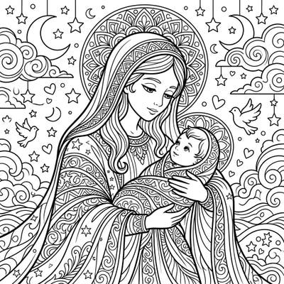 Immerse yourself in spiritual art with this beautiful Madonna and Child coloring page, specifically designed for teens. Explore intricate patterns and celestial details to bring this timeless scene to life.