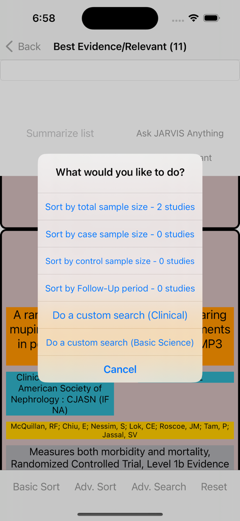 iSearch Biomed - Advanced sorting menu in the iSearch Biomed app showing options to filter research studies by sample size and search type