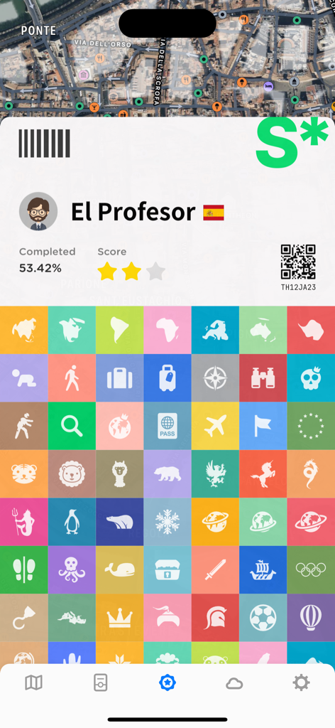 Fog of World - User profile screen in Fog of World app displaying travel completion stats and a grid of colorful achievement badges