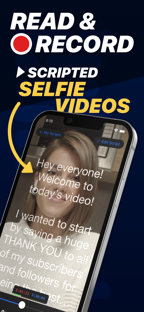 Teleprompter - A woman recording a scripted selfie video using the Teleprompter app interface with scrolling text
