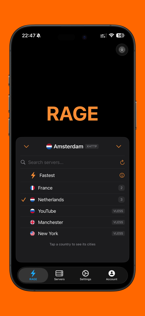 RAGE - Unlimited Access - RAGE app interface displaying a list of available global VPN server locations including France, Netherlands, and New York.