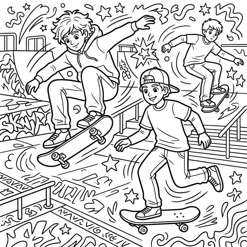 Get ready to roll with this exciting coloring page featuring energetic teenage skateboarders catching air and performing cool tricks. Designed with kids in mind, it offers balanced lines and fun details for hours of creative enjoyment.