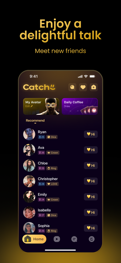 Catchii mobile app interface showing a recommended list of friends for voice chat and social connection