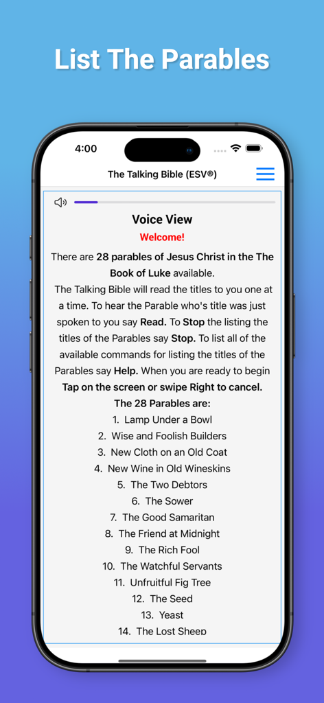 Talking Bible for The Blind - Interface of the Talking Bible for The Blind app showing a list of parables from the Book of Luke.