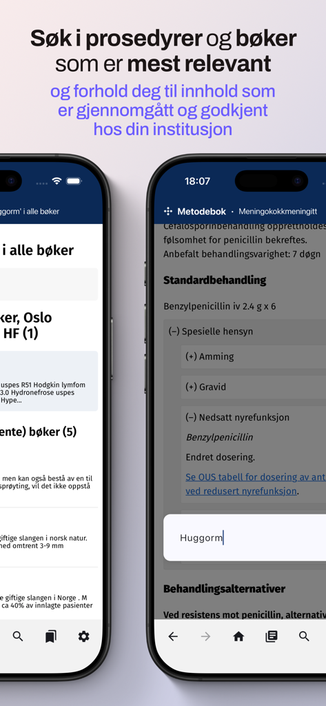 Metodebok Nett - Metodebok Nett医療アプリのスクリーンショット。検索インターフェースと施設臨床プロトコルが表示されています。