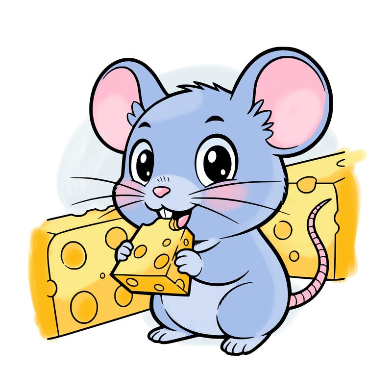 little cute simplistic mouse with big ears eating a piece of cheese