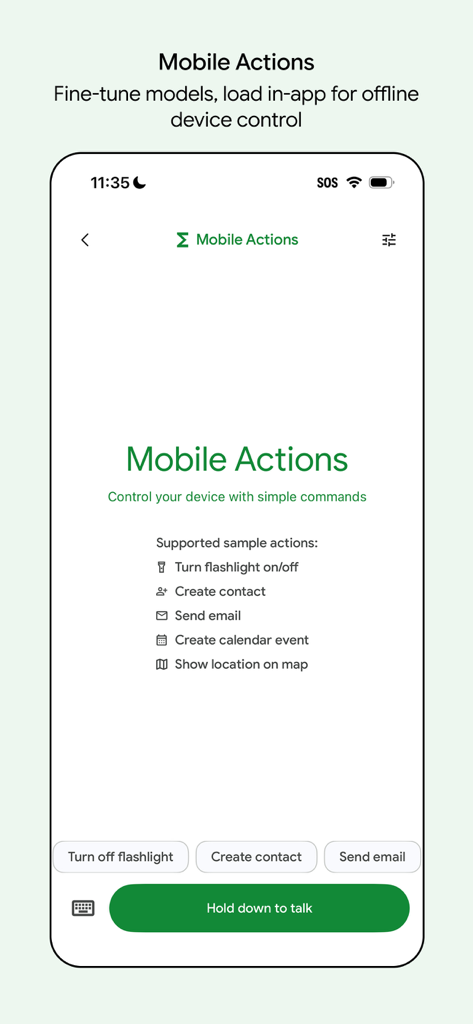 Google AI Edge Gallery - Interface of the Google AI Edge Gallery app showing the Mobile Actions screen for offline device control with commands like flashlight and email.