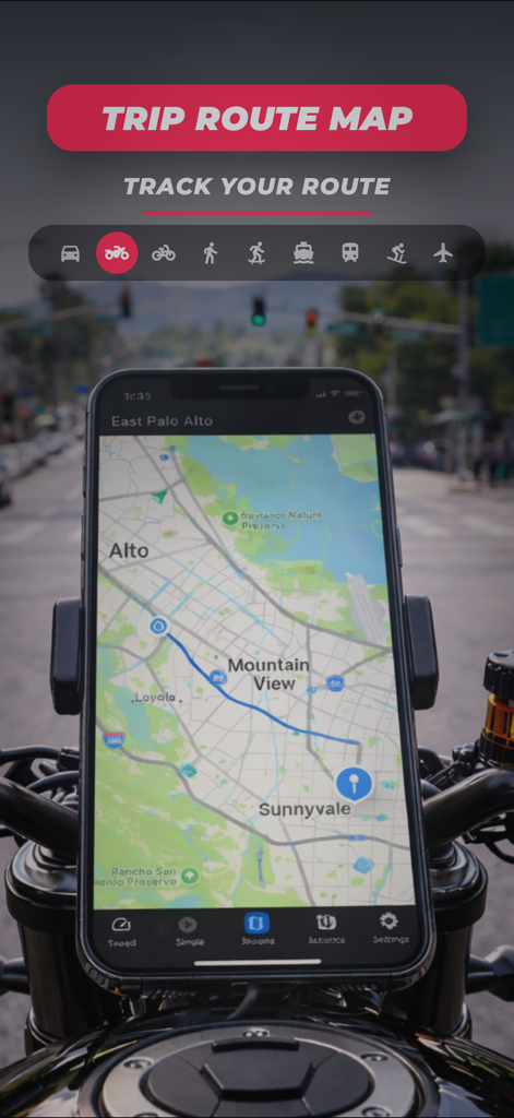 iPhone montado em uma motocicleta mostrando um mapa de rota de viagem GPS com ícones de múltiplas atividades
