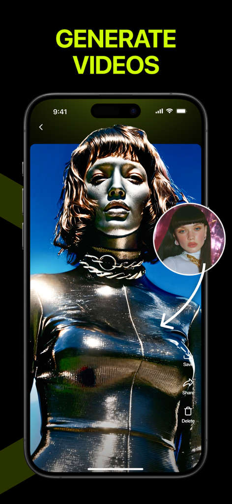 HG - AI Video Generator - Die Benutzeroberfläche der HG AI Video Generator App zeigt ein Porträtfoto, das in eine filmreife metallische KI-Videokarikatur verwandelt wurde