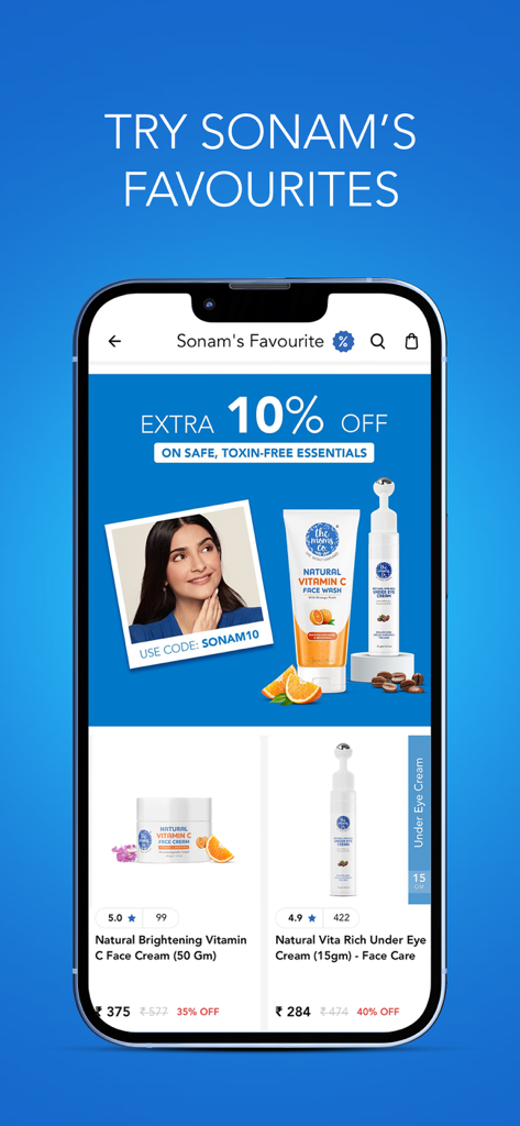 The Moms Co. - Skin Care Shop - Interfaccia dell'app di cura della pelle The Moms Co. che mostra sconti su prodotti sicuri e privi di tossine e preferiti dalle celebrità