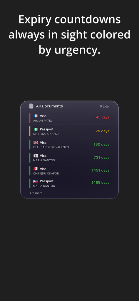 FlyID - FlyID App-Oberfläche mit ablaufenden Pässen und Visa mit farbcodierten Dringlichkeitswarnungen