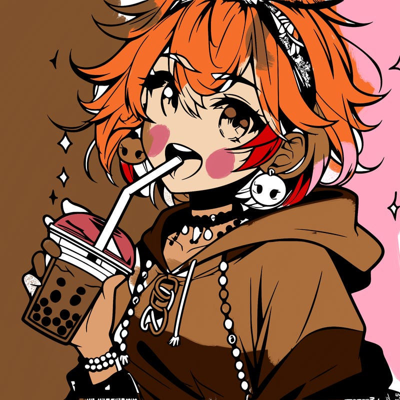 hot baddie anime girl drinking boba and biting the straw
