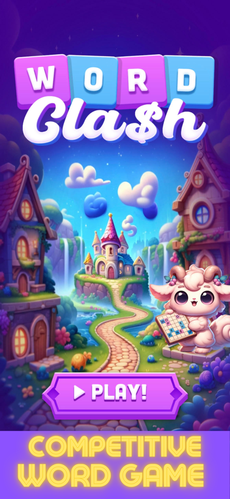Main menu of the Word Clash game featuring a cute character and a whimsical fantasy landscape with a play button