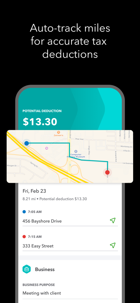 Intuit QuickBooks for Business - Tela do aplicativo móvel QuickBooks mostrando o rastreamento automático de quilometragem com uma rota de mapa e potencial dedução fiscal para uma viagem de negócios