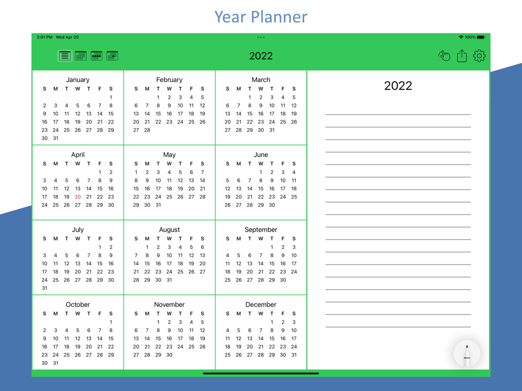 Yearly overview layout of the Pencil Calendar app on iPad featuring 12 months and a digital notes section